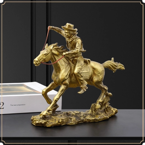 Western Cowboy Riding Horse Statue Resin Golden Metallic Figurine Vintage Desktop Sculpture For Home Office Decor