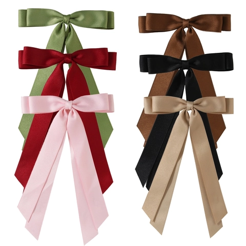 Satin Bow Hair Clip With Long Ribbon Streamer Elegant Satin Solid Color Handmade Barrette For Women Girls Hair Accessories