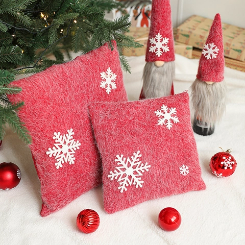 Weihnachten Zierkissen Rot Plüsch Weiße Schneeflocke Dekoratives Kissen Für Sofa Bett Wohnzimmer Winter Deko