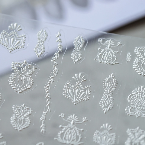 White Lace 3D Embossed Nail Art Stickers Vintage Floral Self Adhesive Manicure Decals
