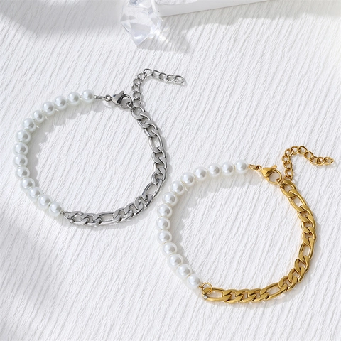 Titanstahl Gespleißtes Künstliche Perle Armband Trendy Hip Hop Figaro Kette Gold Silber Armband Für Damen Herren Schmuck