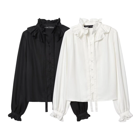 Women Ruffled Stand Collar Blouse Long Sleeve Polyester Solid Color French Vintage Elegant Tie Neck Shirt Top