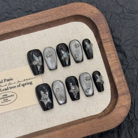 Handgefertigte Aufklebenägel Schwarz Katzenauge Silber Stern Strass Sarg Kunstnägel Y2K Sweet Cool Stil Für Frauen Maniküre