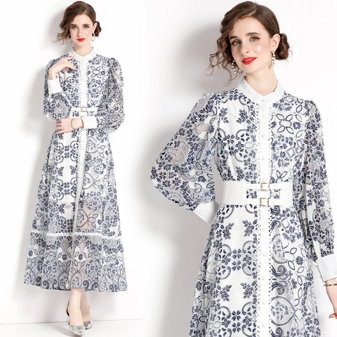 Robe Maxi Élégante Pour Femmes Dentelle Maille Manches Lanternes Col Montant Boutonnée Imprimé Fleuri Avec Ceinture