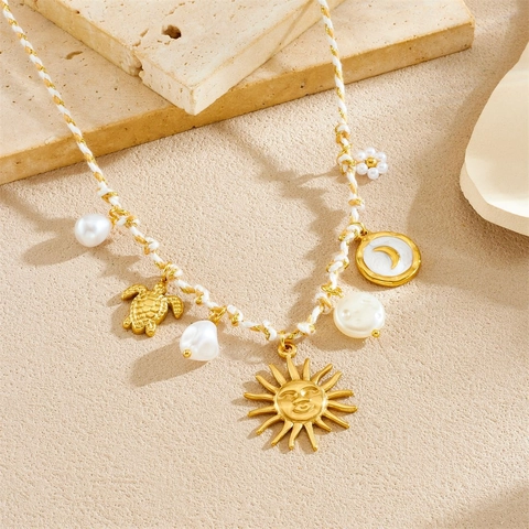 Bohemian Handmade Woven Rope Necklace For Women Stainless Steel Gold Plated Sun Moon Sea Turtle Starfish Artificial Pearl Pendant Vacation Jewelry