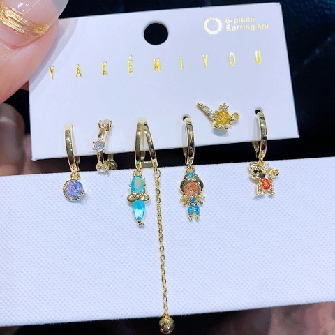 Copper Zircon Asymmetric Earrings Hoops And Studs Magic Lamp Cartoon Figure Fairy Tale Gold Plated Jewelry Women Earring Post