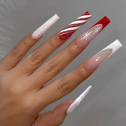 Christmas Press On Nails Long Coffin False Nails ABS Snowflake French Tip Glitter Red White Holiday Party For Women