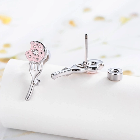 Pink Donut Fork Shape Ear Cartilage Stud Titanium Steel Zircon Enamel Piercing Jewelry Cute Niche Double Head Screw Back