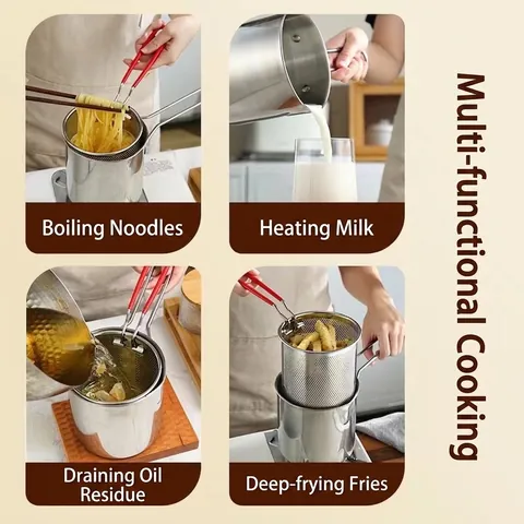 Mini Deep Fryer Pot 304 Stainless Steel With Red Handle Filter Basket Small Frying Pan For Chicken Tempura Kitchen Tool