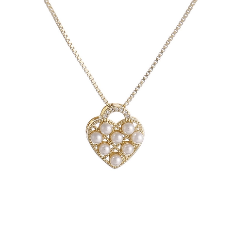 Heart Pendant Necklace Gold Plated Copper With Imitation Artificial Pearl And Zircon Hollow Jewelry For Women Classic Elegant Style