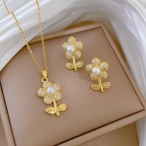 Flower Jewelry Set With Titanium Steel Necklace Copper Zircon Faux Artificial Pearl And Silver Earring Post Elegant For Women