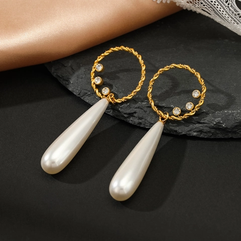 Druppelparel Hangende Oorbellen 14K Verguld Roestvrij Staal Gedraaide Ring Strass Ingelegd Franse Retro Voor Dames