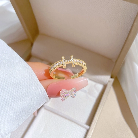 Gold Plated Messing H-Form Offener Ring Mit Zirkonia Eingelegt Minimalistisch Eleganter Schmuck Geschenk Für Frauen