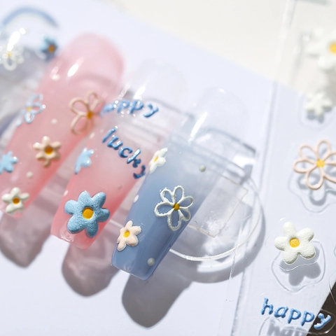 Embossed Relief Nail Stickers Daisy Flower Pattern Lucky Happy Letter Decals Self Adhesive Manicure Decoration For Women