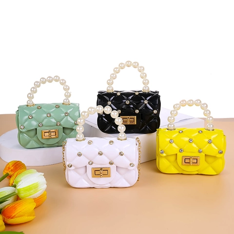 Mini Jelly Handbag For Kids Girls PVC Silicone Quilted Diamond Artificial Pearl Handle Rhinestone Metal Chain Crossbody Bag