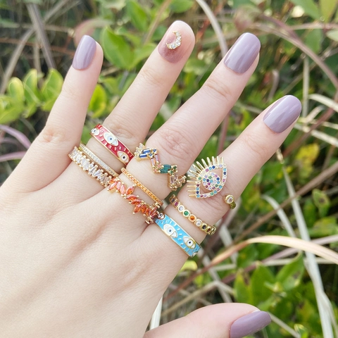 Anillos De Cobre Bohemian Evil Eye Circón Colorido Esmalte Geométrico Anillo Abierto Ajustable Joyería De Moda Mujer