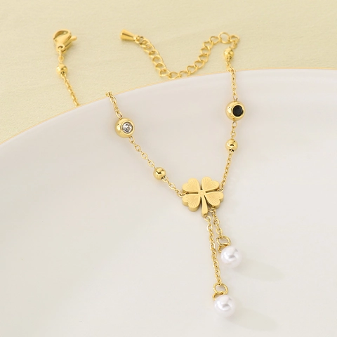 Tobillera De Doble Capa Para Mujer Acero Inoxidable Chapado En Oro Perla Artificial De Imitación Trébol Flor Corazón Ajustable Elegante