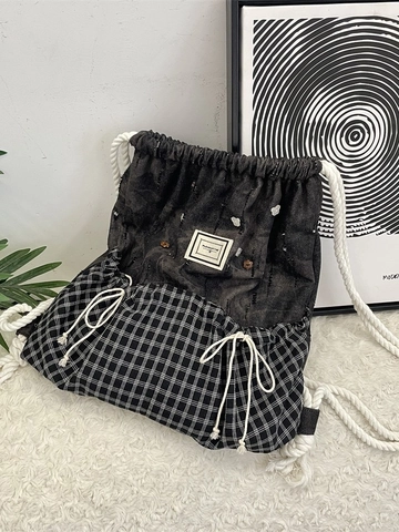 Koreanischer Stil Kordelzug Rucksack Patchwork Karo Gewaschener Denim Leichtgewicht Kapazität Tagesrucksack Damen Student