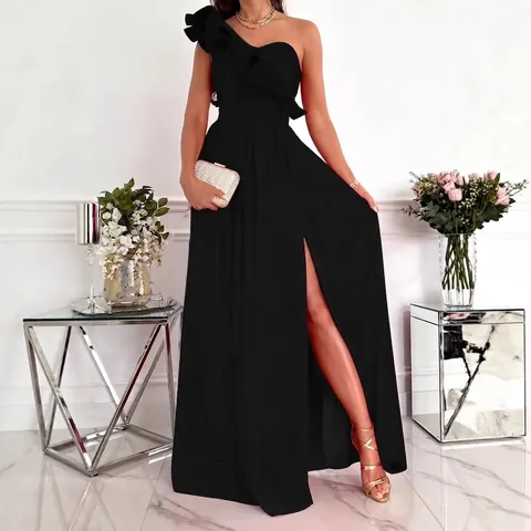 One Shoulder Rüschenbesatz Hoher Schlitz Maxikleid Elegant Ärmellos Polyester Abendparty Kleid Damen