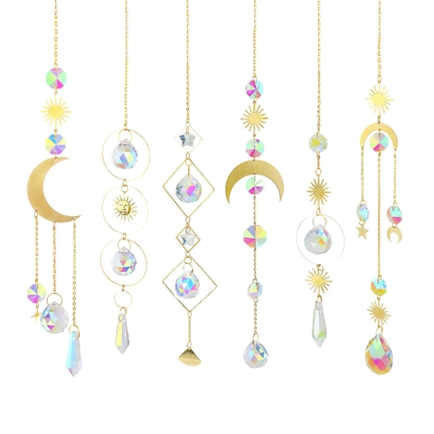 Crystal Suncatcher Wind Chime Hanging Ornament Gold Metal Sun Moon Star Rainbow Maker Garden Window Home Decor