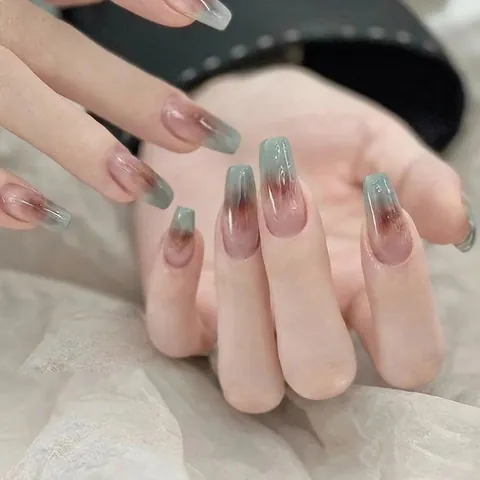 Press On Nails Long Coffin Gradient Marble Ink Texture Glossy Finish Full Cover Artificial Fingernails For Women Elegant