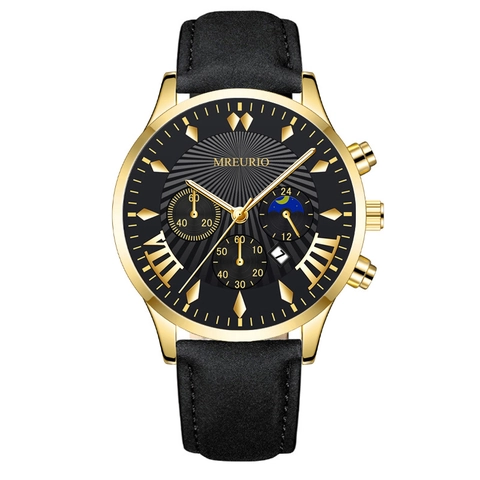 Men Quartz Watch Alloy Case Leather Strap Multi-Function Chronograph Business Fashion Date Display Moon Phase Design