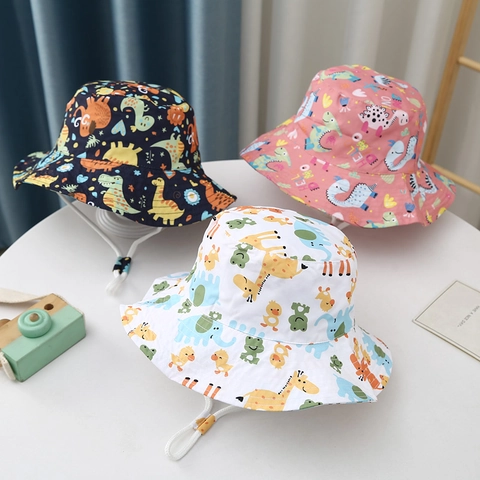 Chapeau Bob Enfant Coton Polyester Imprimé Dessin Animé Protection Solaire Respirant Cordon Coupe-Vent Été