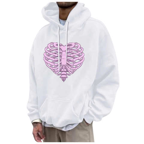 Herren Damen Fleece Hoodie Streetwear Langarm Kordelzug Pullover Sweatshirt Skelett Rippen Herz Grafik Druck