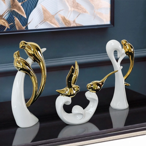 Abstract Bird Figurines Ceramic Gold Electroplated Modern Desktop Ornaments Home Decor Living Room Office Accent