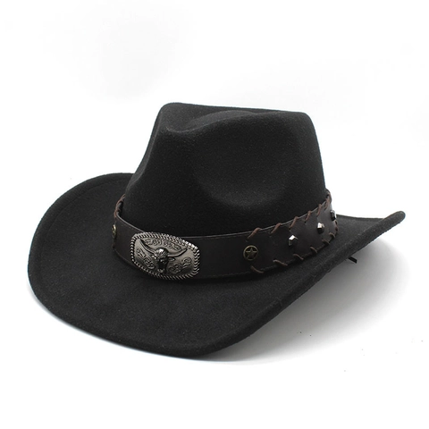 Vintage Western Cowboy Hat With Bull Head Metal Buckle Leather Band Star Rivets Wide Brim Wool Felt Fedora For Men Women