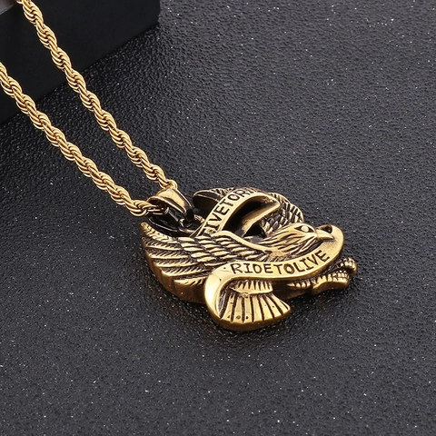 Vintage Hip Hop Titanium Steel Necklace For Men Eagle Cobra Scissors Razor Pendant Punk Jewelry Engraved Slogan Gold Color