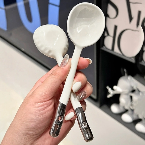 Ceramic Soup Spoons Silver Gold Plated Nordic Minimalist Round Head Long Handle Hanging Hole Kitchen Dining Tableware