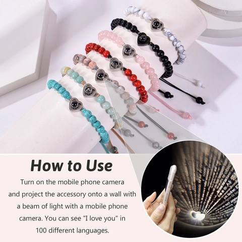 Natural Stone Beaded Bracelet Heart Pendant I Love You Projection Multi-Language Adjustable Handmade Woven Jewelry Women Men