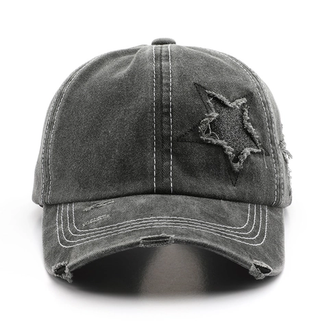 Vintage Washed Cotton Baseball Cap With Distressed Star Patch And Ponytail Hole Adjustable Retro Sun Hat For Women Men