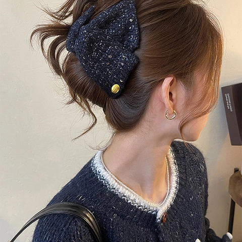 Grande Pince À Cheveux Noeud Tissu Tweed Paillettes Décor Métal Doré Style Vintage Élégant Pour Femmes Accessoire Cheveux