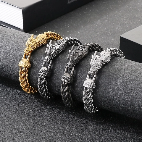 Pulsera De Acero Inoxidable Para Hombre Cierre De Cabeza De Dragón Vintage Cadena Trenzada Joyería Retro