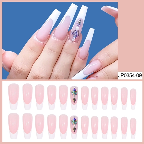 French Tip Long Coffin Press On Nails Weiß Rosa Künstliche Nägel Mit Strass Künstliche Perle Schmetterling Dekor Luxus Süßer Stil