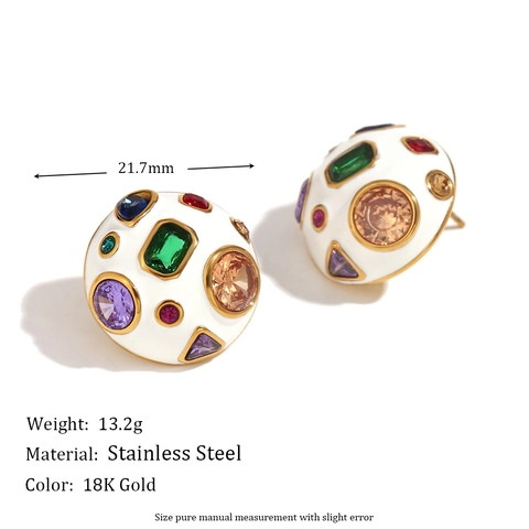 Orecchini A Lobo Cupola Acciaio Inossidabile Placcato Oro 18K Smalto Bianco Zirconi Colorati Gioielli Retrò Donna