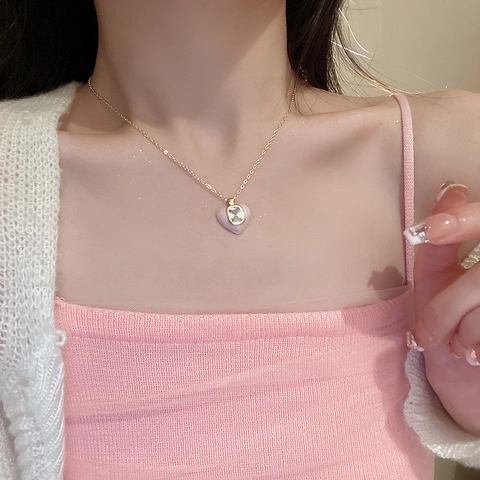 Heart Pendant Necklace French Vintage Style Copper Enamel Square Zircon Clavicle Chain For Women Elegant Jewelry