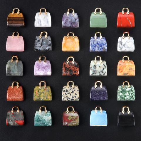 Pendentifs Mini Sac À Main Pierre Gemme Cristal Naturel Avec Poignée En Alliage D'or Charme Forme De Sac Fabrication De Bijoux