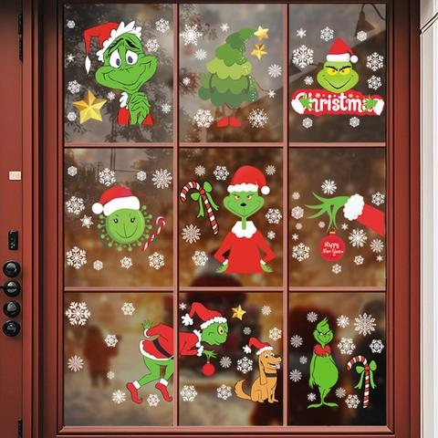 Autocollants De Fenêtre De Noël Personnage Dessin Animé PVC Statique Sans Colle Double Face Décorations Pour Portes En Verre