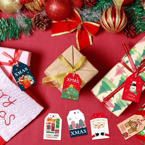 Christmas Gift Tags Paper Labels Cartoon Santa Snowman Designs With Hemp Rope Twine Xmas Holiday Party Favor Tree Decorations