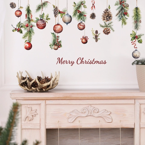 Pegatinas De Pared Navidad PVC Piñas Bolas De Colores Acuarela Calcomanías Festivas Para Sala De Estar Dormitorio Hogar