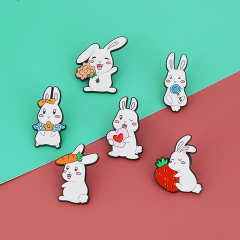 Süße Cartoon Weiße Hase Emaille Brosche Pins Zinklegierung Tier Reversnadel Für Damen Mädchen Kleidung Taschen Deko Zubehör
