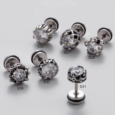 Men Stud Earring Stainless Steel Round Cubic Zirconia Vintage Punk Gothic Dragon Claw Crown Piercing Jewelry Single