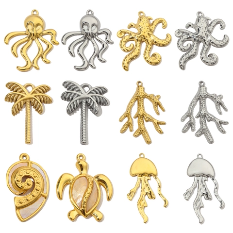French Vintage Ocean Animal Charms Pendants Stainless Steel Gold Plated Octopus Jellyfish Coconut Tree DIY Jewelry Making For Necklace Women