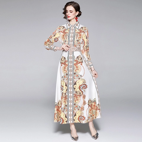 Elegante Maxi Jurk Met Paisley Print Lange Mouwen Reverskraag Enkele Rij Knopen A-Lijn Met Riem Voor Dames