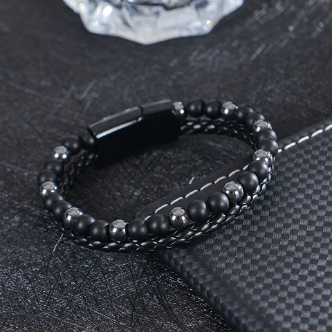 Double Layer Natural Stone Tiger Eye Lava Stone Bead Bracelet Leather Rope Magnetic Clasp For Men Fashion Jewelry