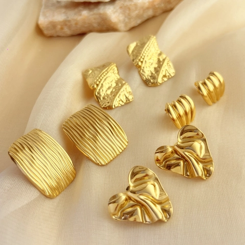 Geometric Stud Earrings Textured Gold Plated Stainless Steel Exaggerated Retro Style Elegant Jewelry Accessories For Women