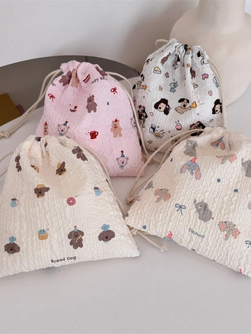 Drawstring Storage Bag Polyester Seersucker Texture Cartoon Animal Print Portable Travel Cosmetic Pouch Toiletries Organizer